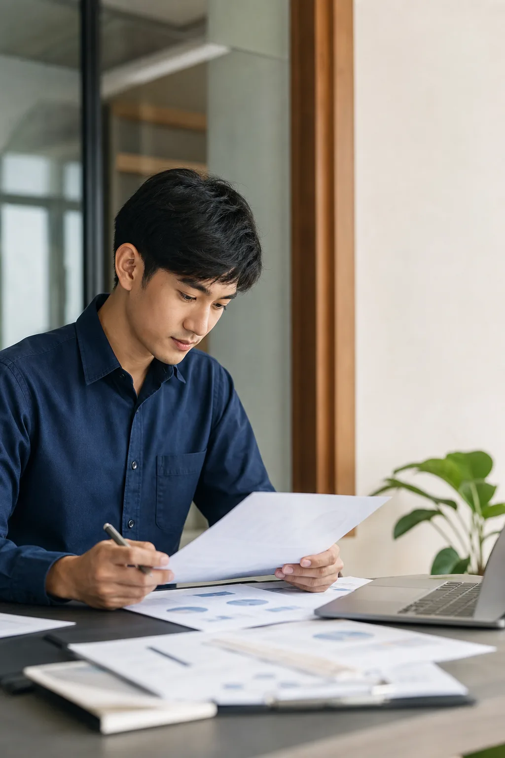 นักบัญชีรุ่นใหม่กำลังตรวจเอกสารในสำนักงานสมัยใหม่