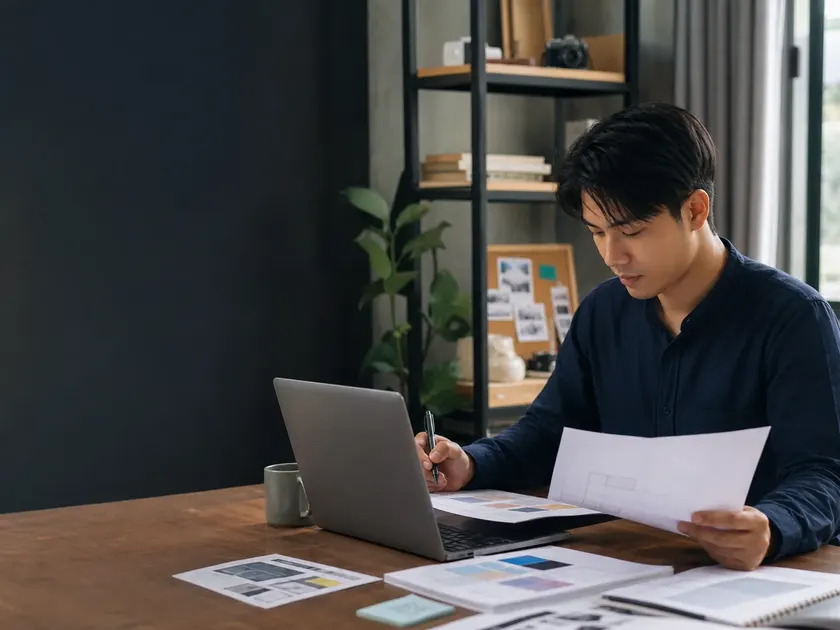 ฟรีแลนซ์กำลังทำงานและจัดการเอกสารลูกค้าในสตูดิโอ